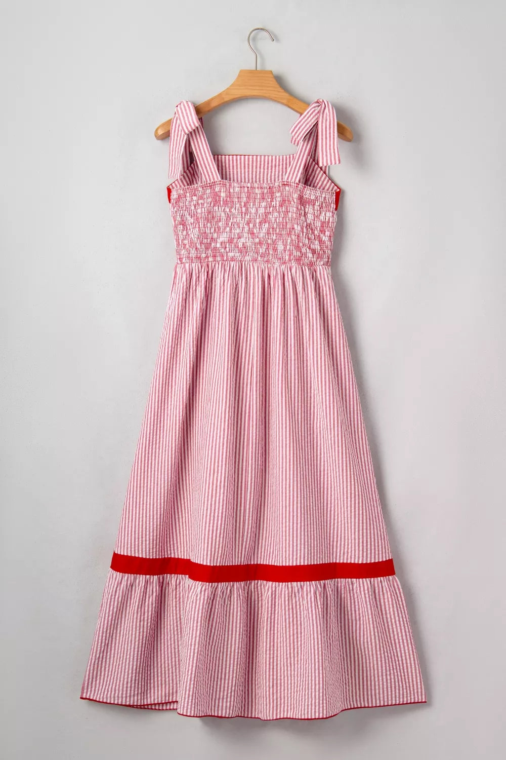 Stripe Bow Knot Straps Contrast Trim High Waist Ruffle Hem Maxi Dress