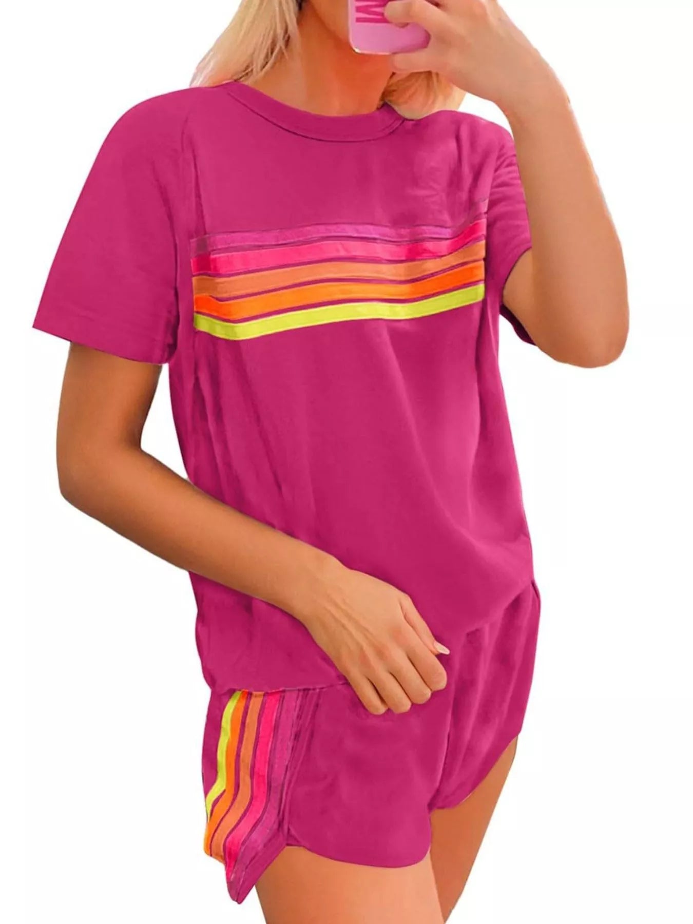 Rainbow Striped Round Neck Top and Shorts Set