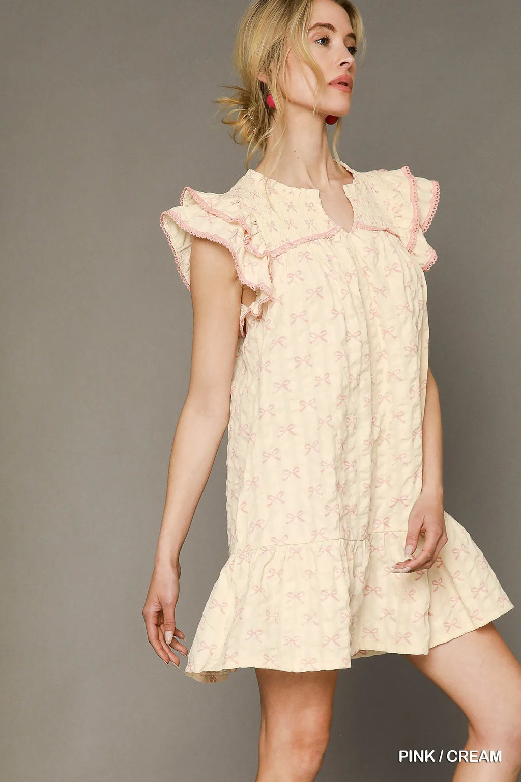 Umgee Bow Print Ruffled Cap Sleeve Mini Dress