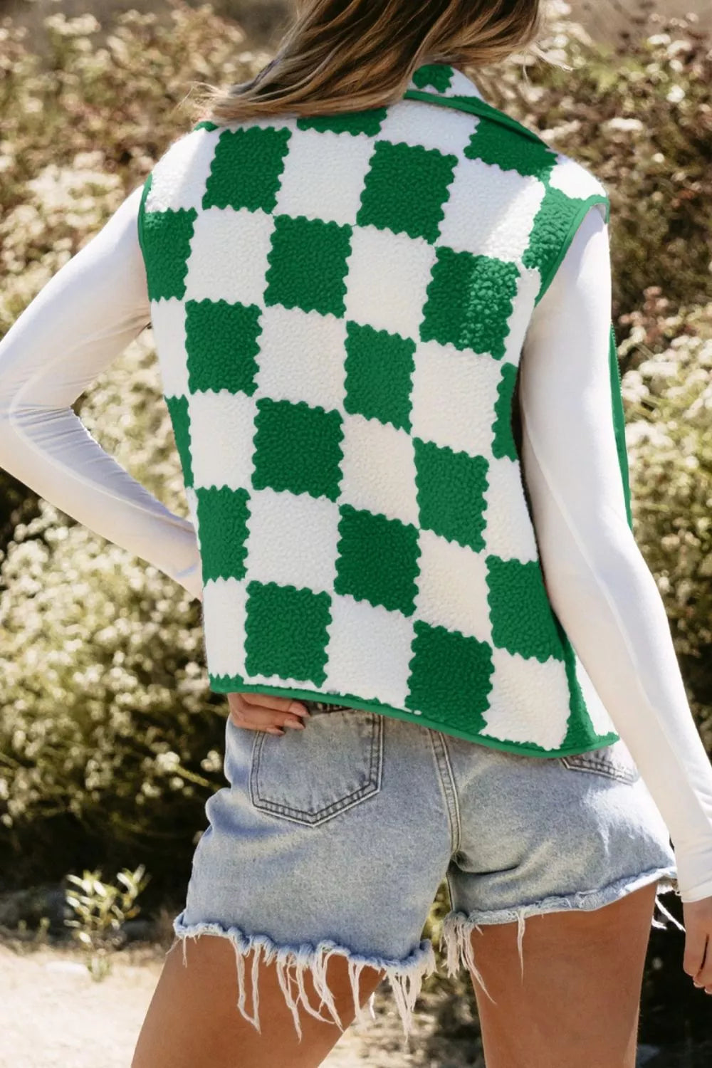Checkerboard Fleece Sherpa Vest Coat