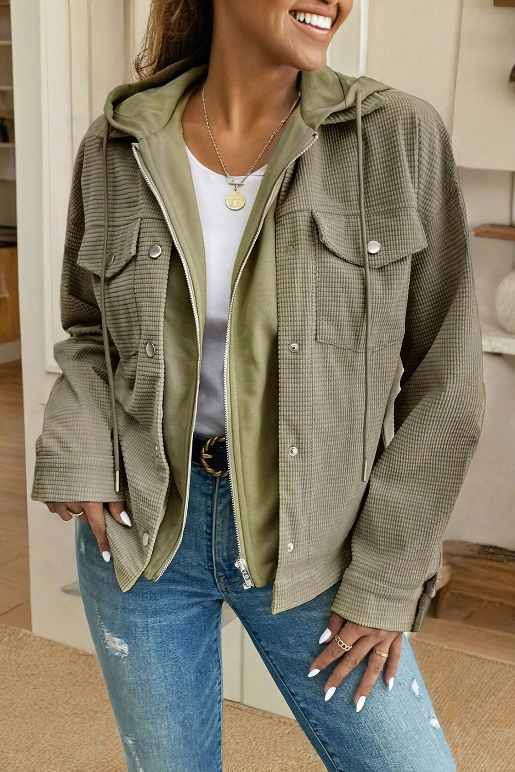 Textured Knit Pocketed Drawstring Hooded Jacket