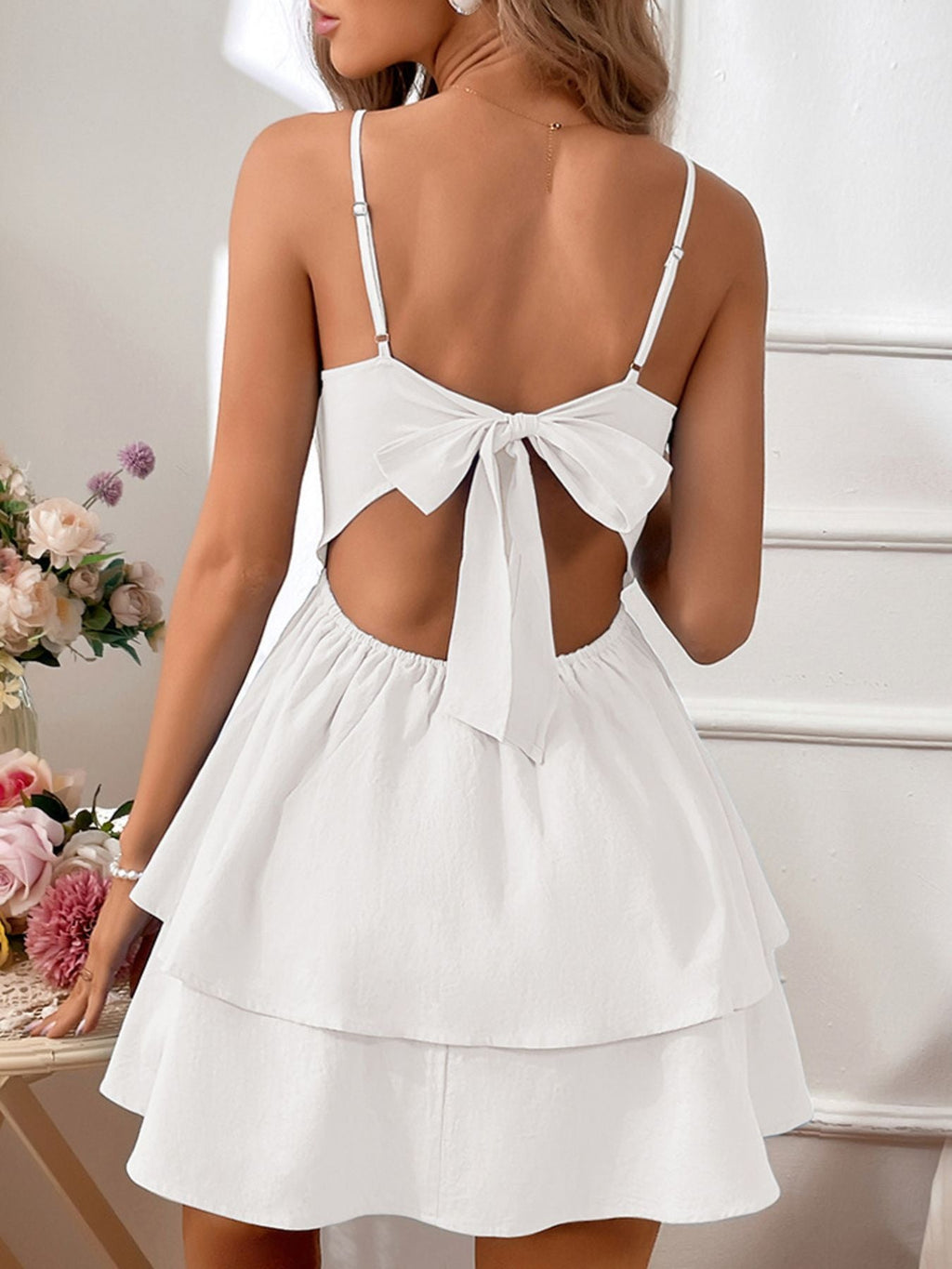 Tie Back Layered Ruffle Hem Mini Dress
