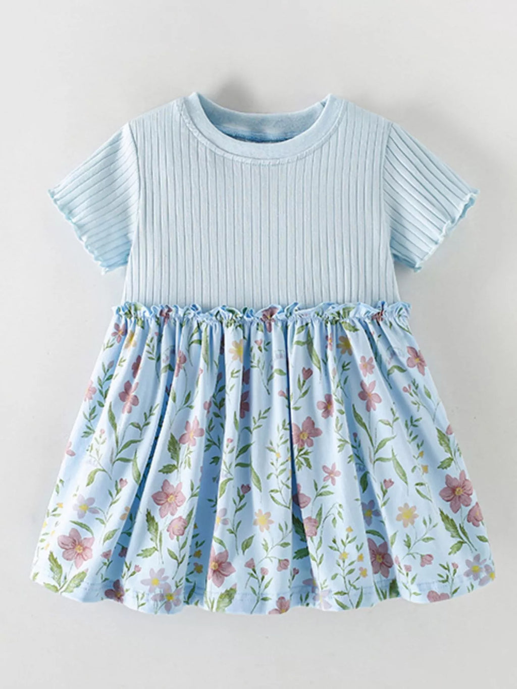 Children's Ribbed Knit & Floral Print Short Sleeve Dress