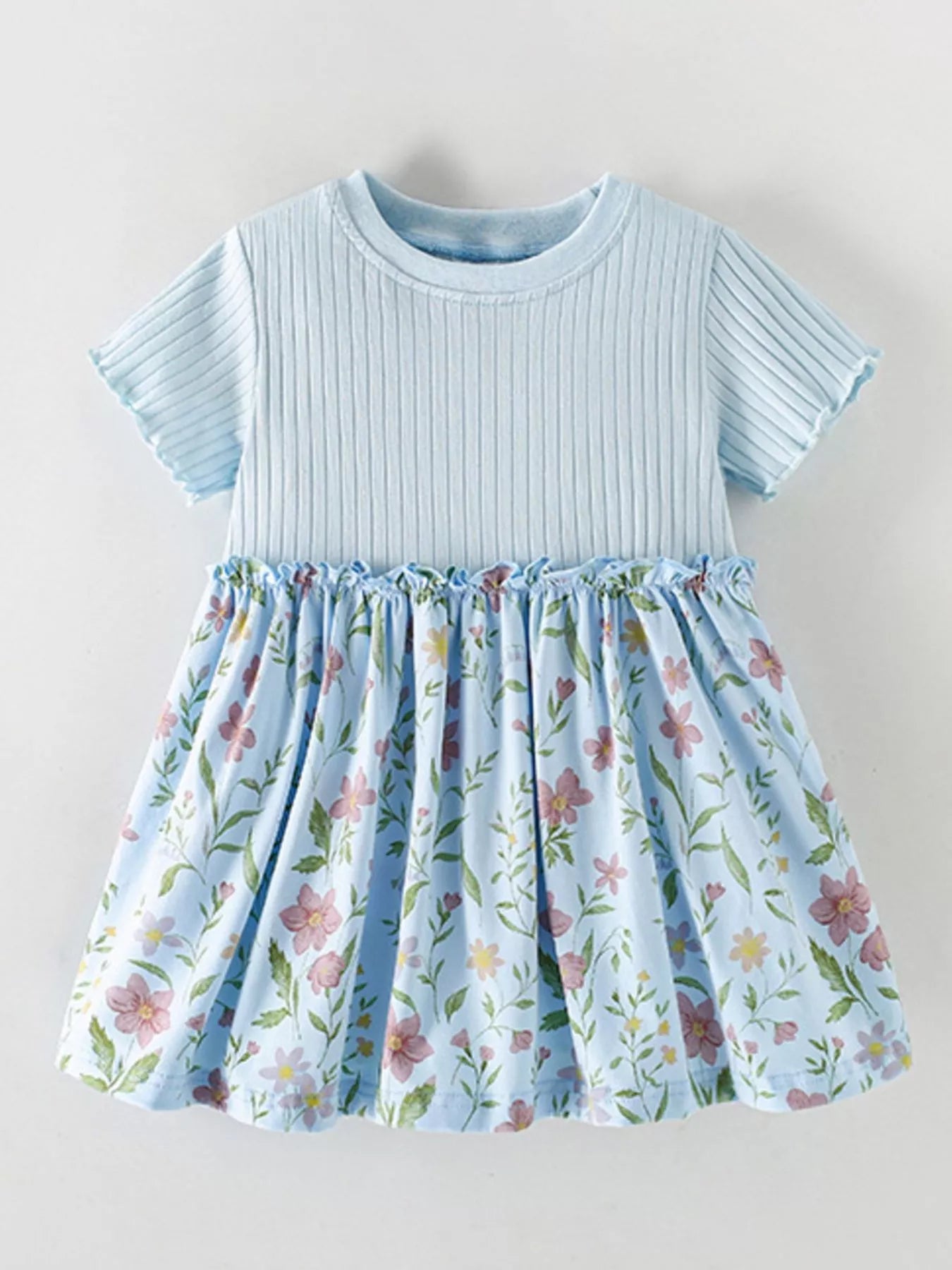 Children's Ribbed Knit & Floral Print Short Sleeve Dress