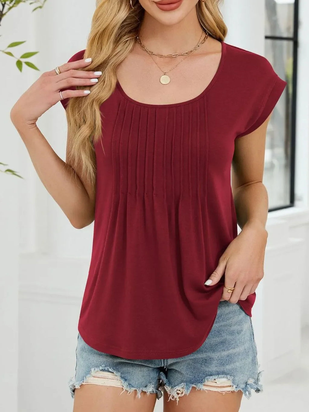 Pleated Front Scoop Neck T-Shirt