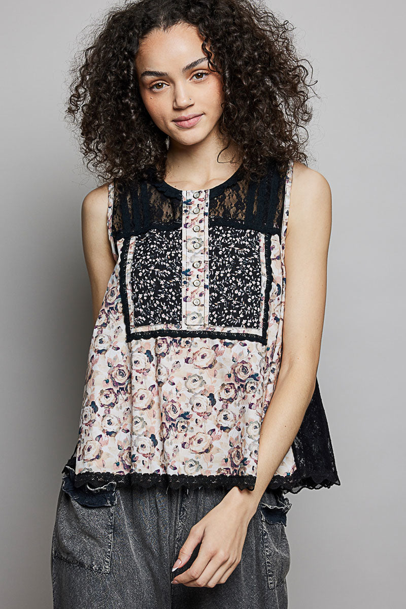 POL Printed Woven Lace Back Round Neck Sleeveless Top