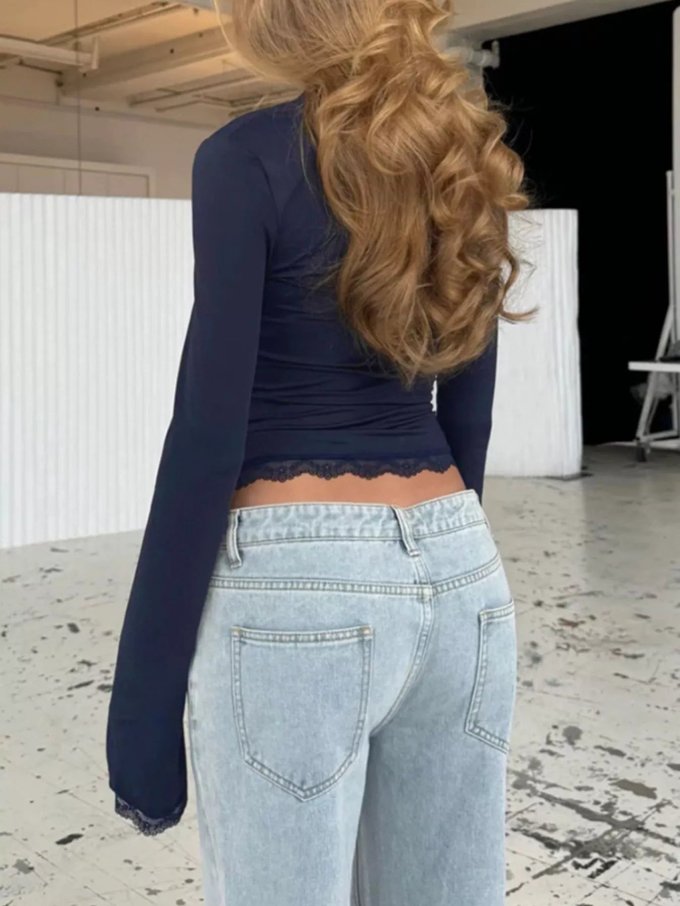 Lace Trim Square Neck Long Sleeve Top