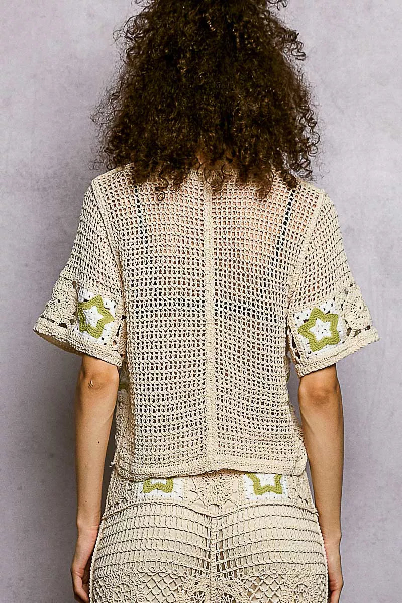 POL Button Front V-Neck Crochet Cardigan with Contast Star