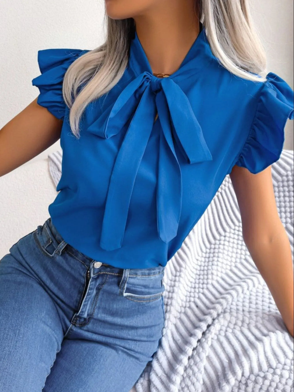 Ruffle Cap Sleeve Bow Tie Blouse