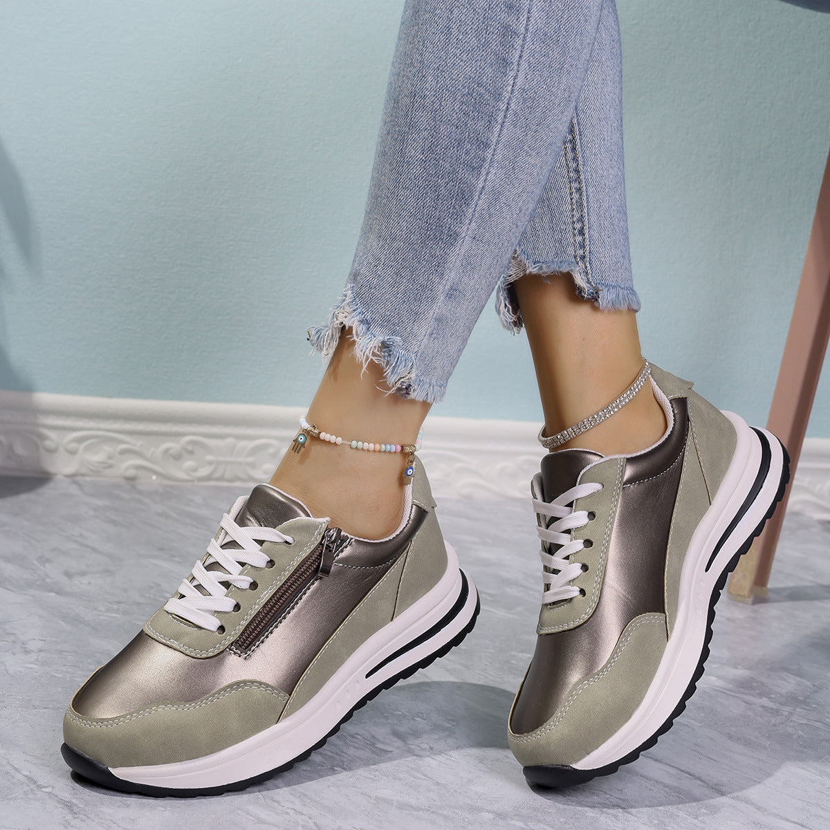 Zipper Detail Lace Up Sneakers