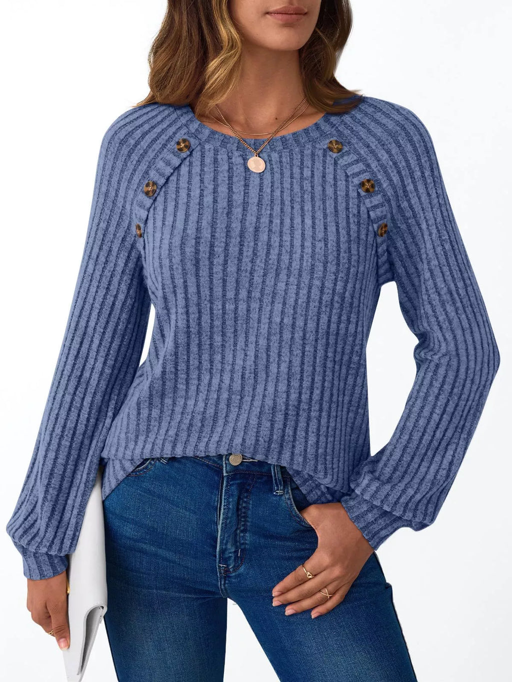 Ribbed Knit Decor Button Long Sleeve T-Shirt