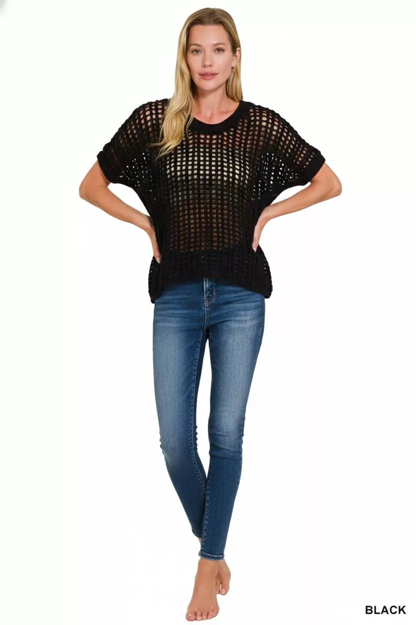 Zenana Fish Net Short Sleeve Crochet Knit Cover Up