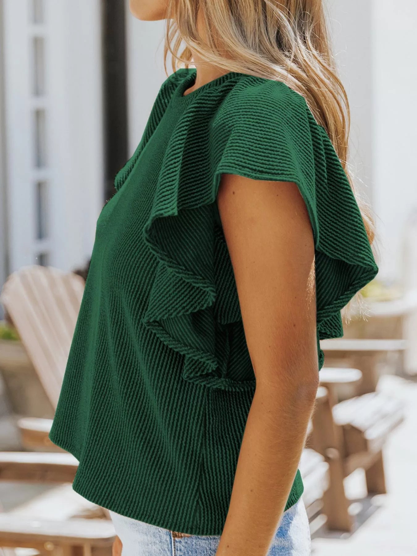 Full Size Ruffled Sleeve Ribbed Knit T-Shirt Plus Size