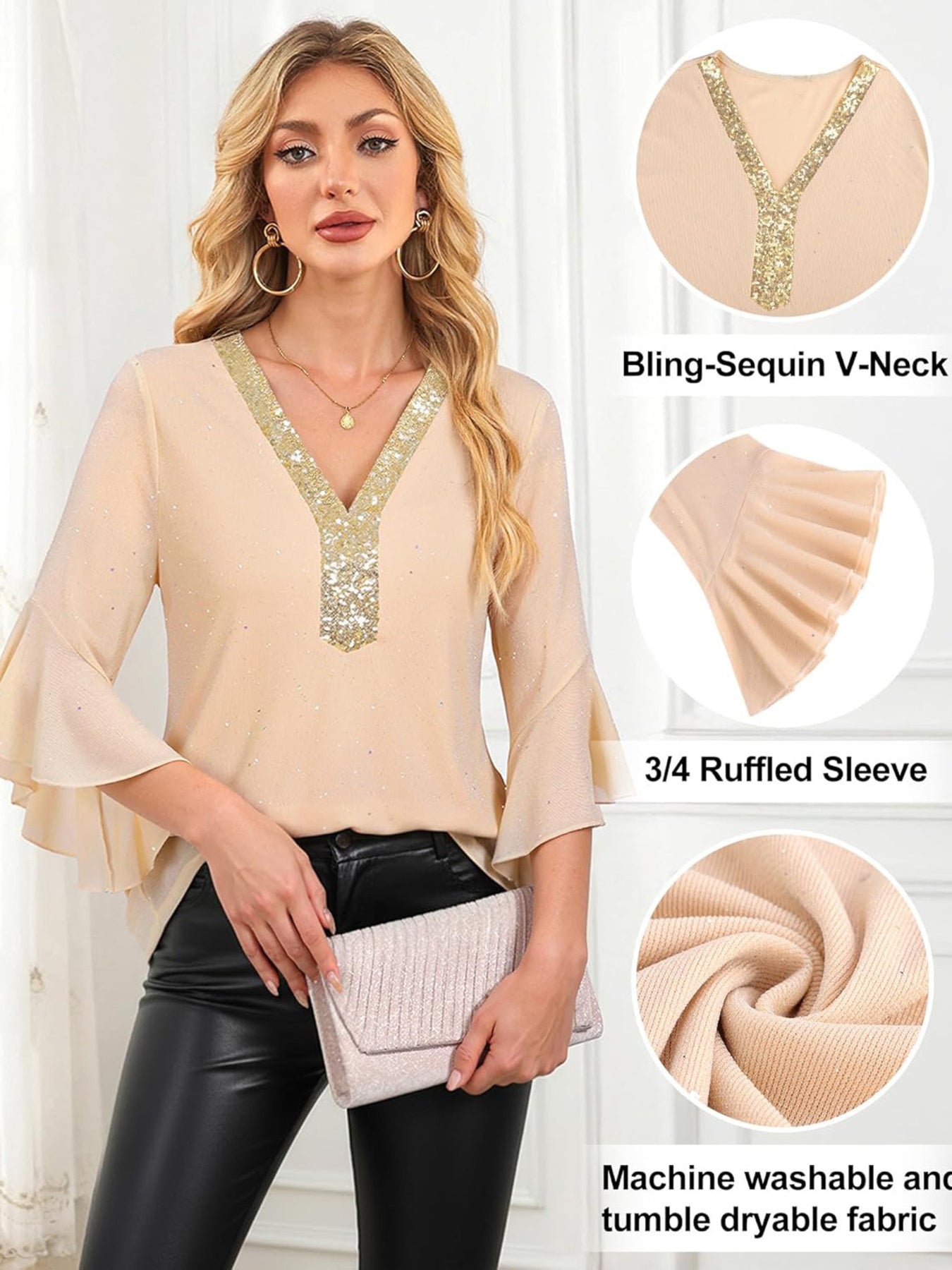 Sequin V-Neck Flounce Sleeve Blouse