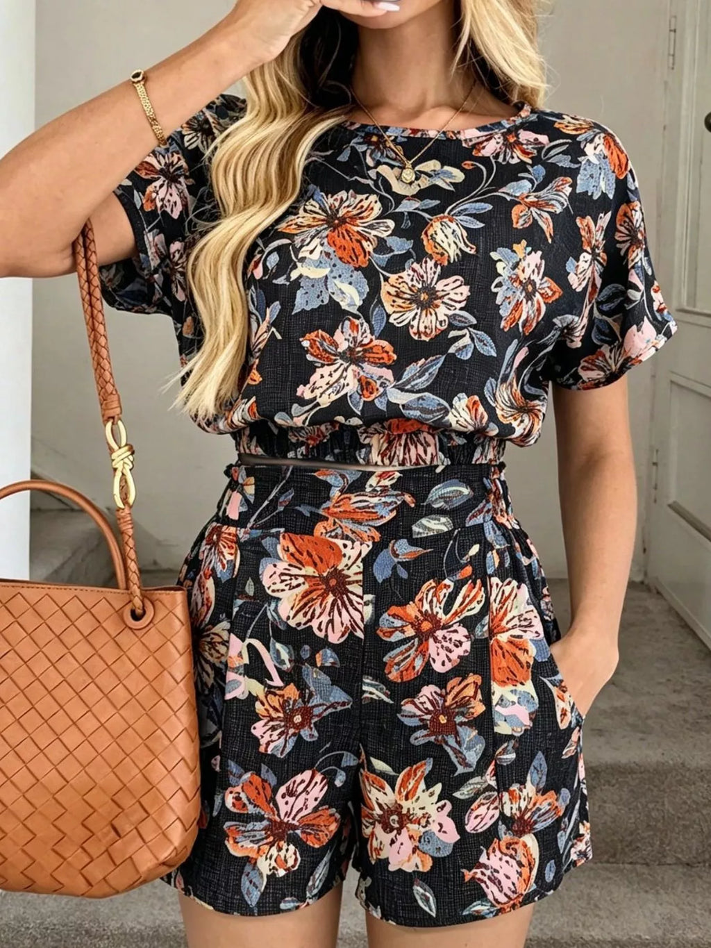 Floral Print Crop Top and Shorts Set
