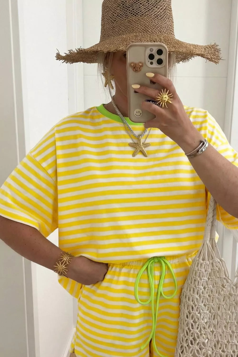Stripe Contrast Neck Loose Tee and Drawstring Shorts Set
