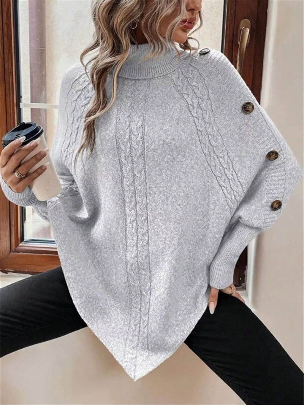 Cable Knit Turtleneck Cape Sweater