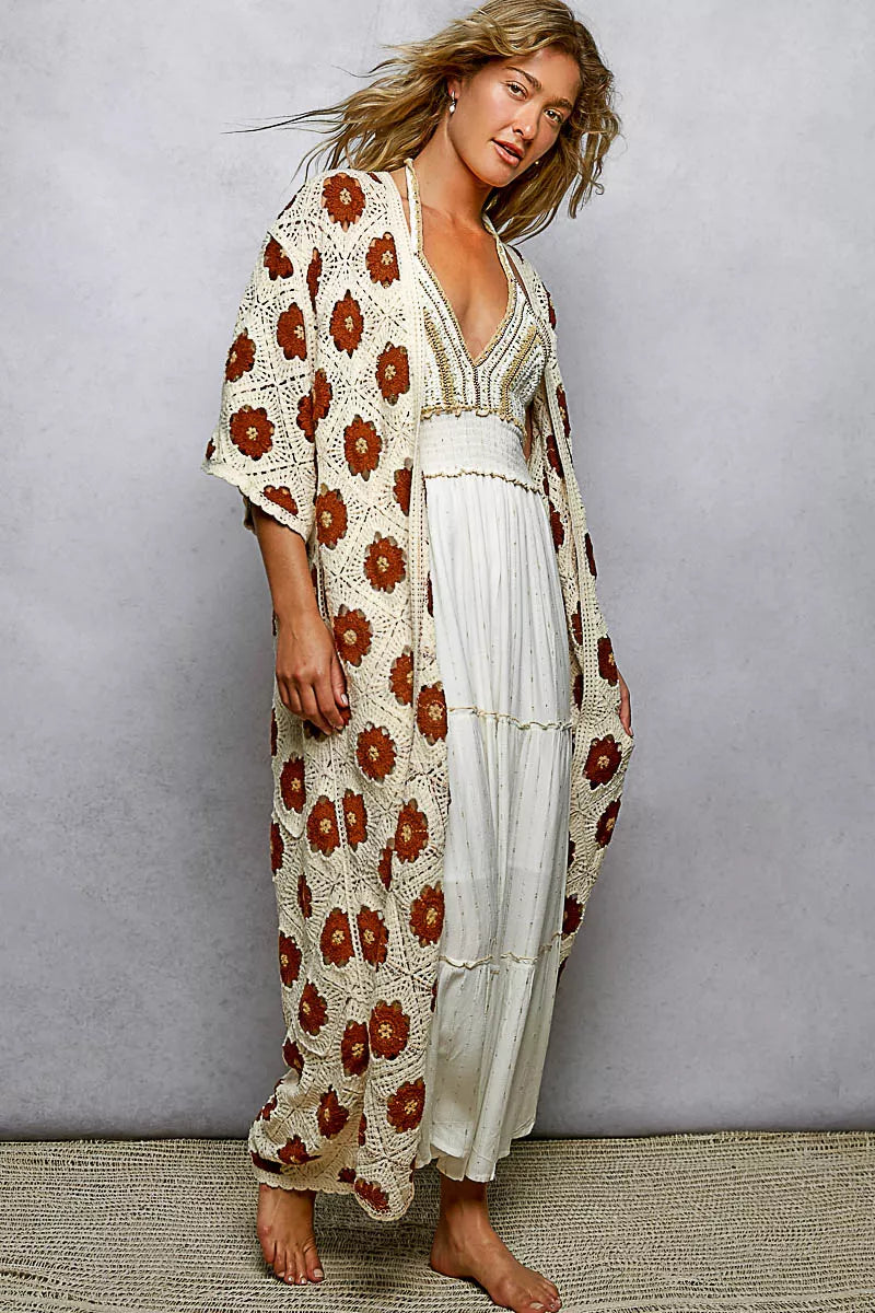 POL Open Front Floral Crochet Longline Cardigan