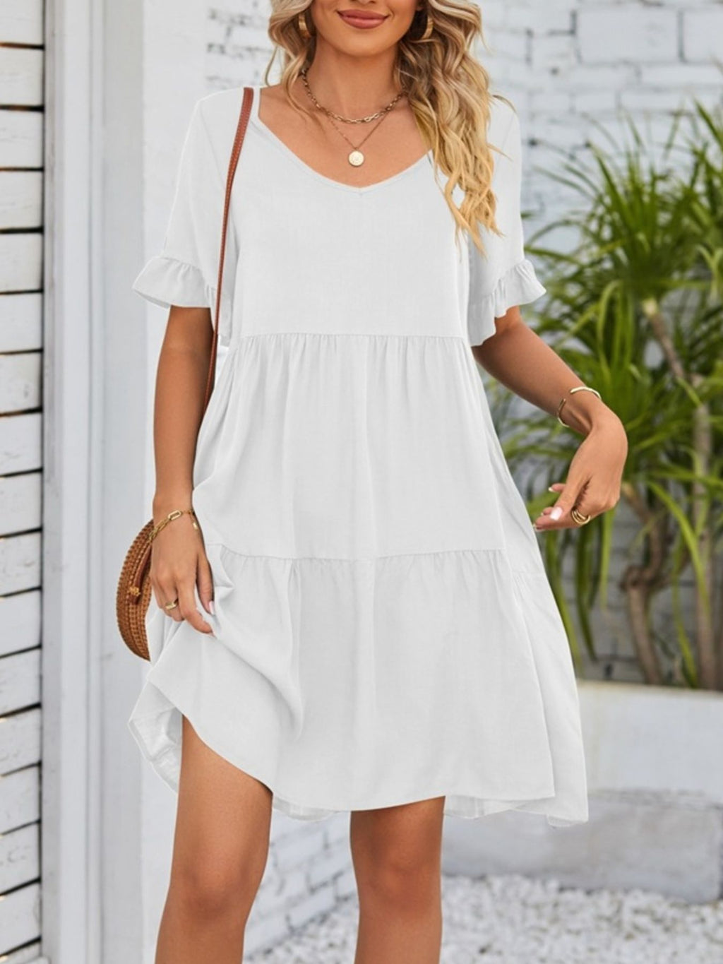 Ruffled Sleeve Tiered Mini Dress