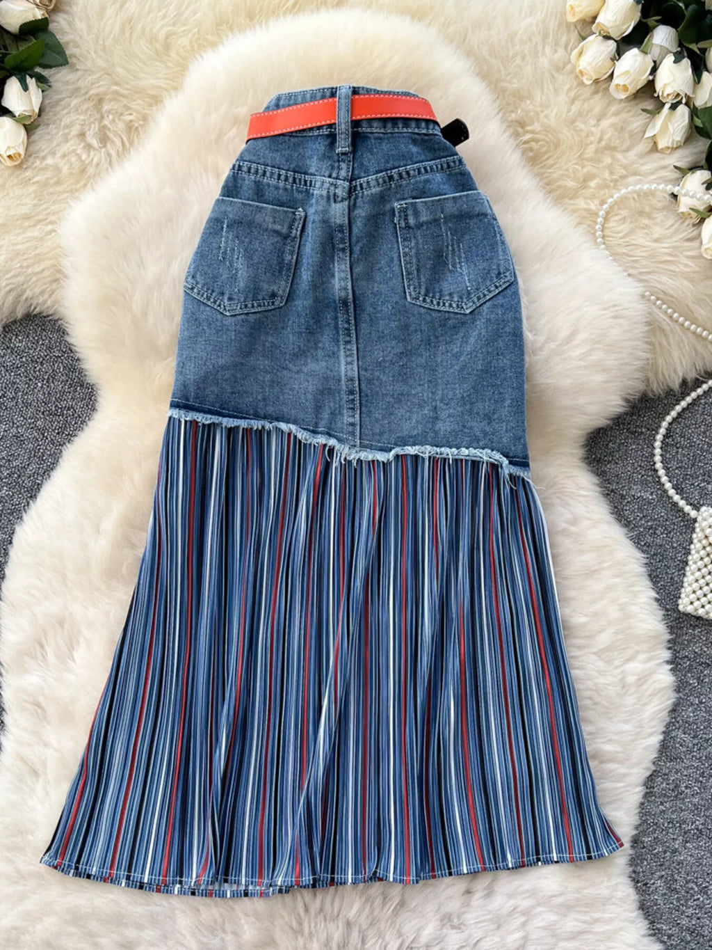 Full Size Striped Patchwork Denim Skirt Plus Size