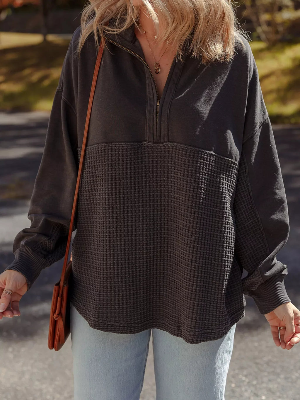 Waffle Knit Patchwork Half Zipped Casual Sweatshirt