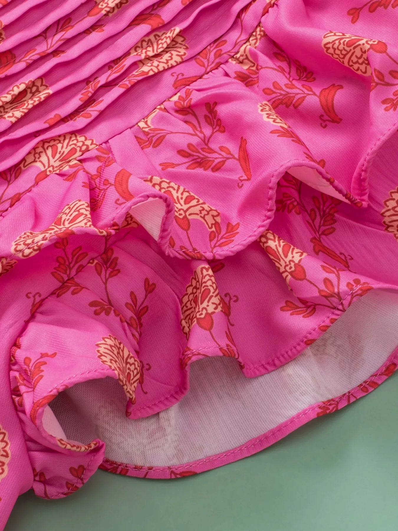 Floral Print Pleated Ruffled Flutter Sleeve Blouse