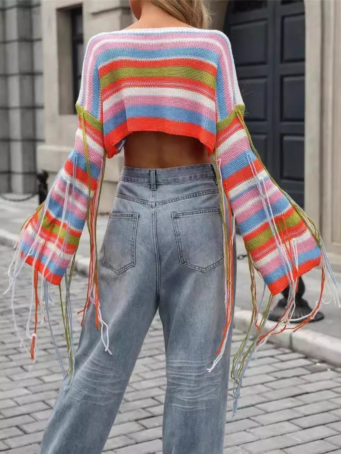 Fringe Striped Long Sleeve Crop Sweater