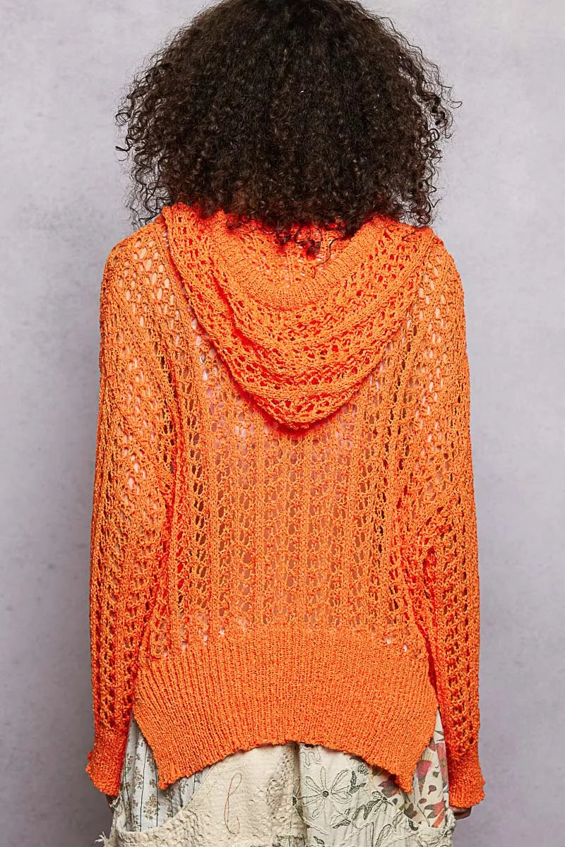 POL Openwork Round Neck High Low Knit Top
