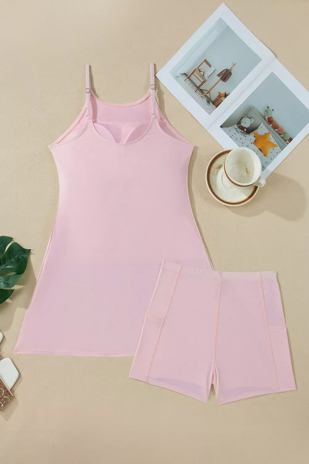 Solid Color Tunic Tank Dress Athletic Shorts Two Piece Set