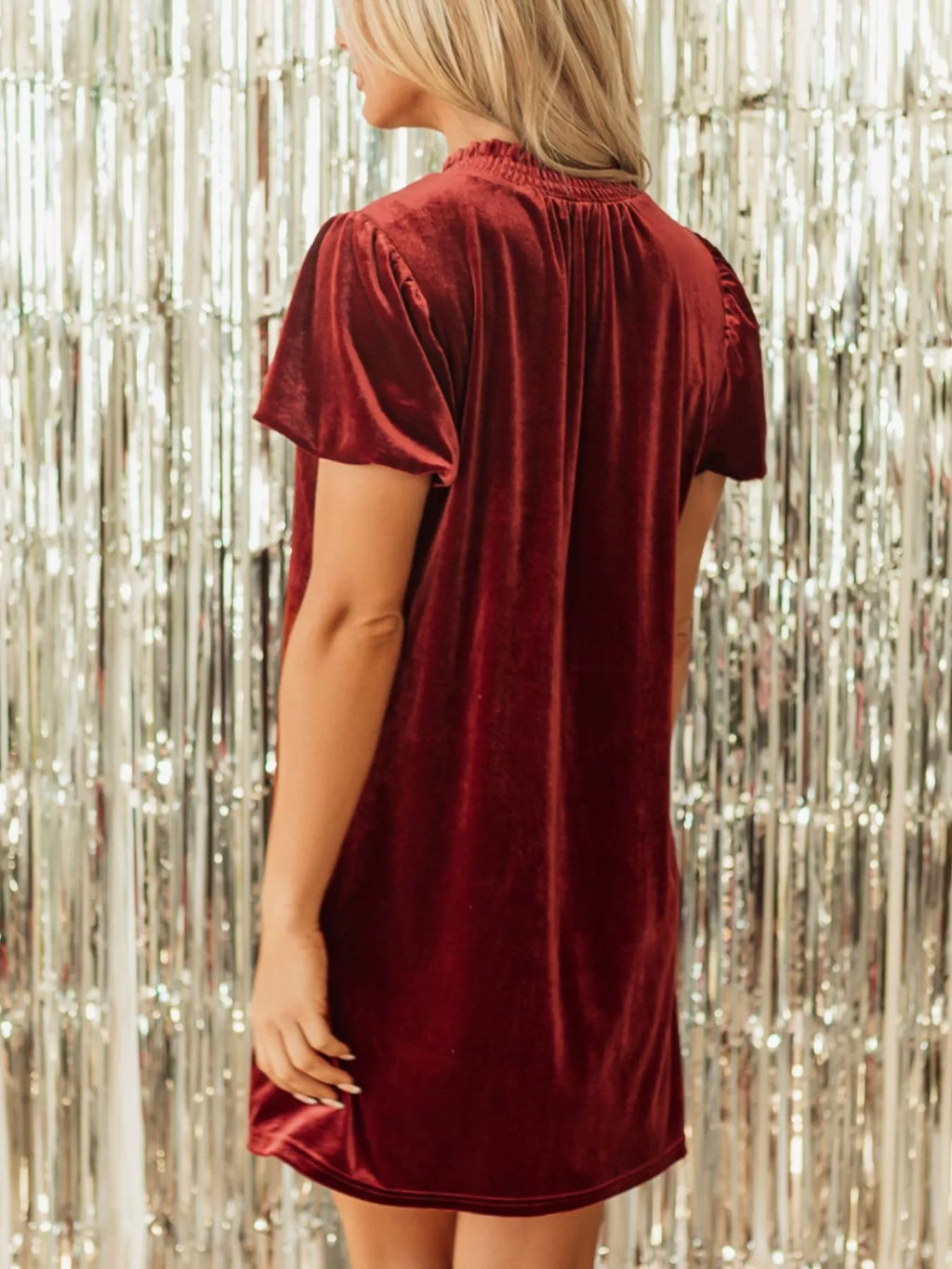 Tie Neck Puff Sleeve Velvet Dress