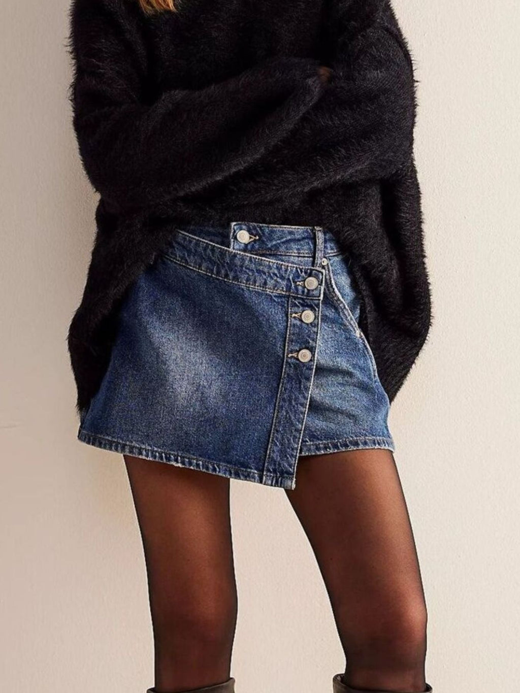 Asymmetrical Button-Front Denim Skort