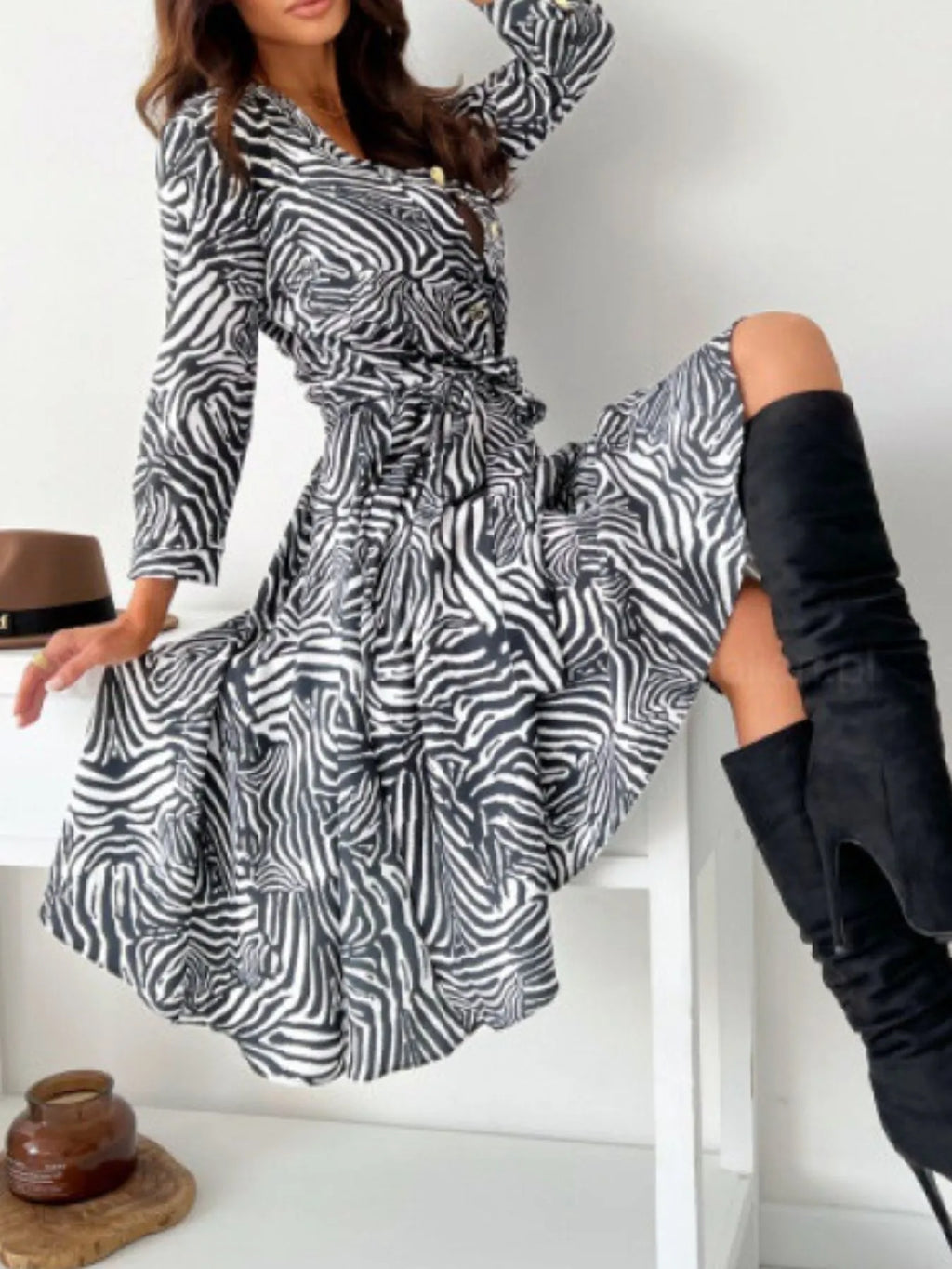 Printed Tie Waist Midi Dress