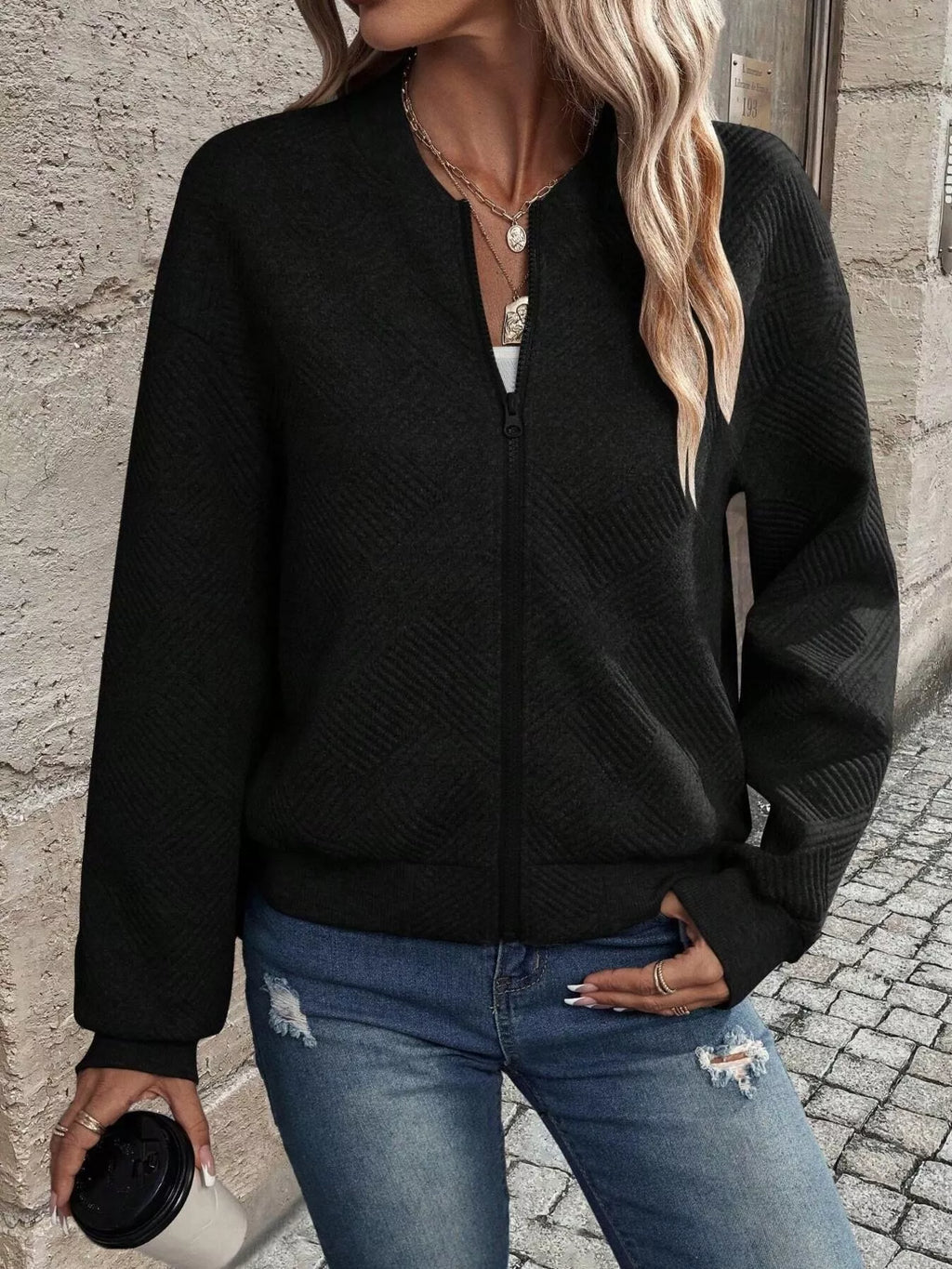 Zip-Up Textured Long Sleeve Jacket