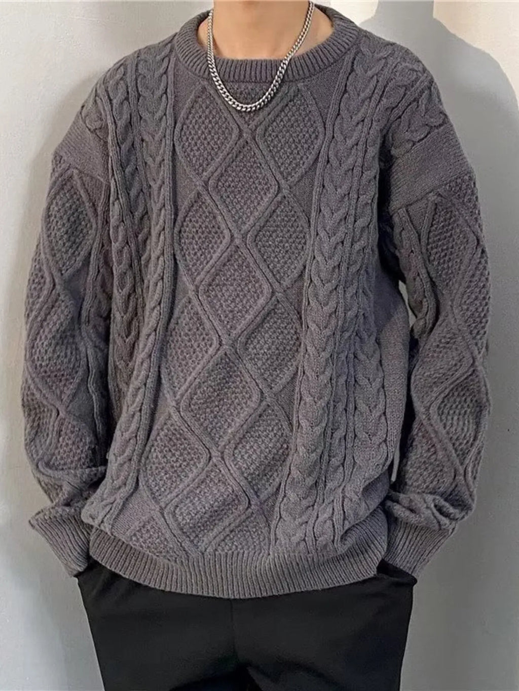 Men's Plus Size  Cable Knit Round Neck Sweater