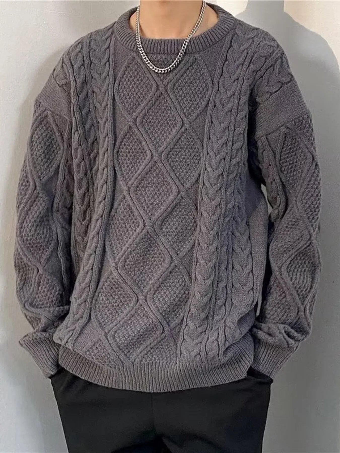 Men's Plus Size  Cable Knit Round Neck Sweater