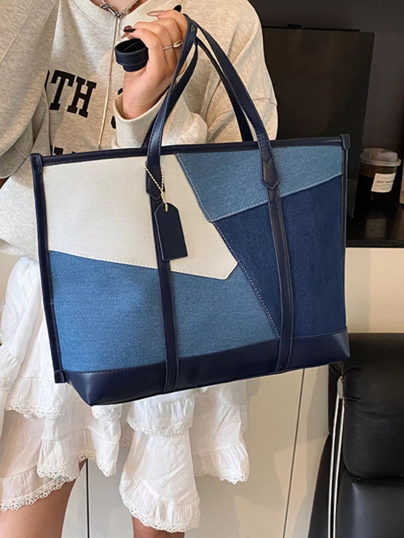 Color Block Denim Shoulder Bag