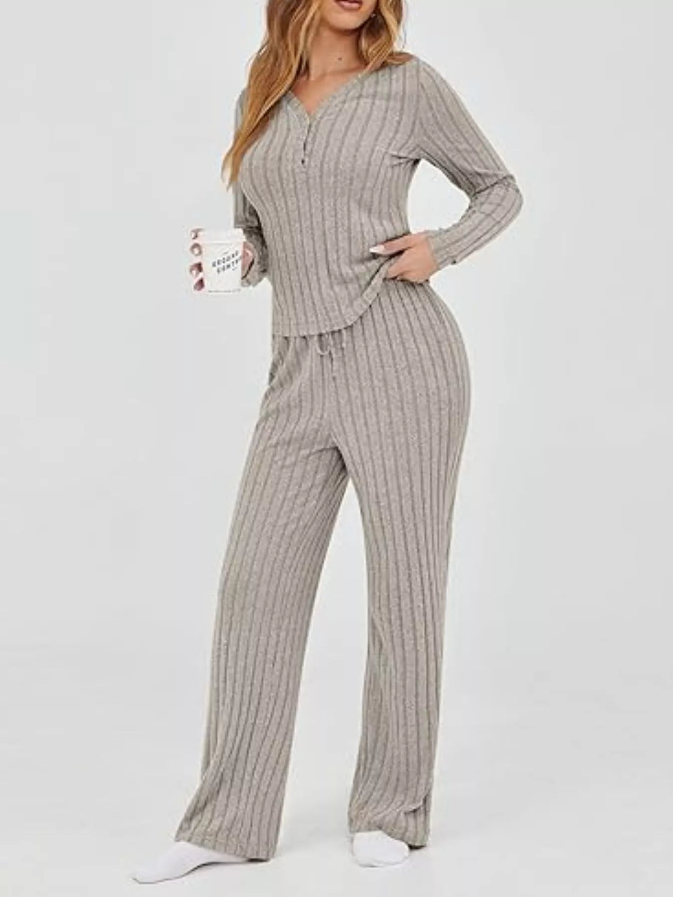 Ribbed Knit Long Sleeve Top and Pants Set