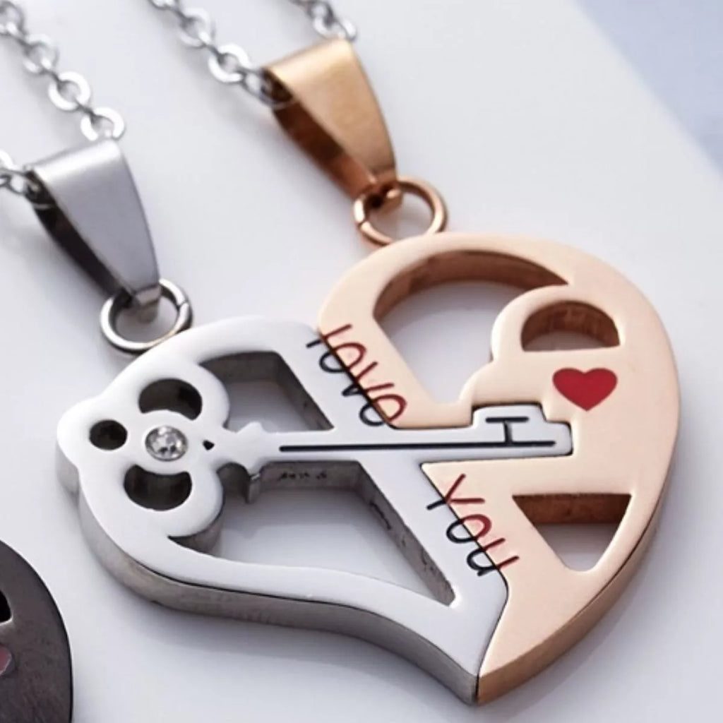 2 Piece Couple Heart Lock Key Necklace