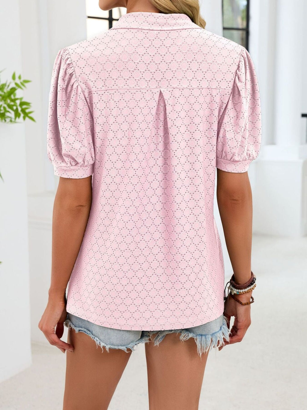 Eyelet Johnny Collar Puff Sleeve Top