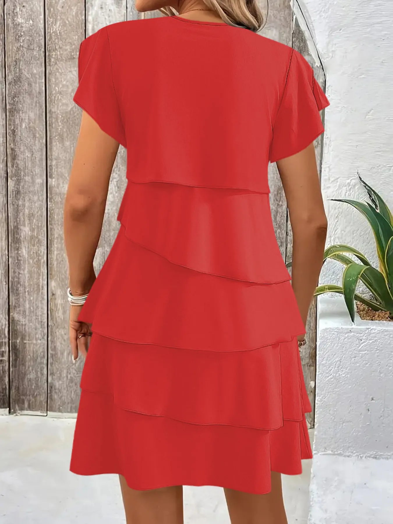 Casual Layered Round Neck Ruffled Sleeve Dress