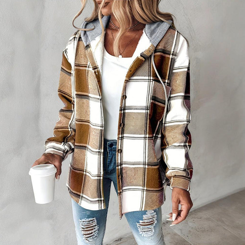 Women's Plaid Hoodie Long Sleeve Jacket With Pocket