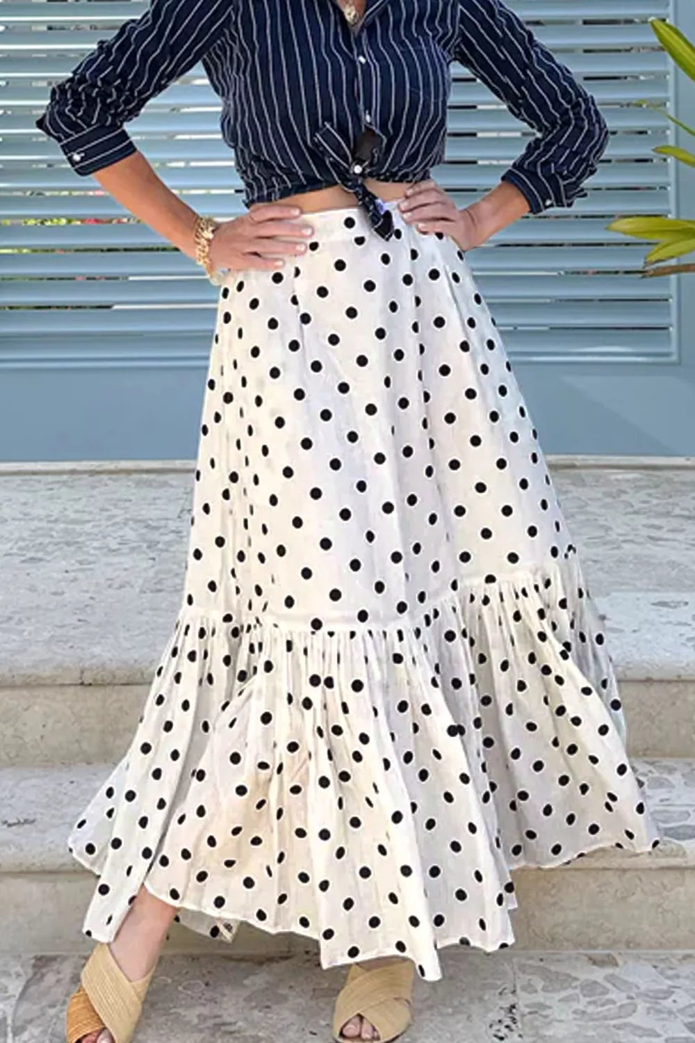 Polka Dot Ruffled Slit Maxi Skirt