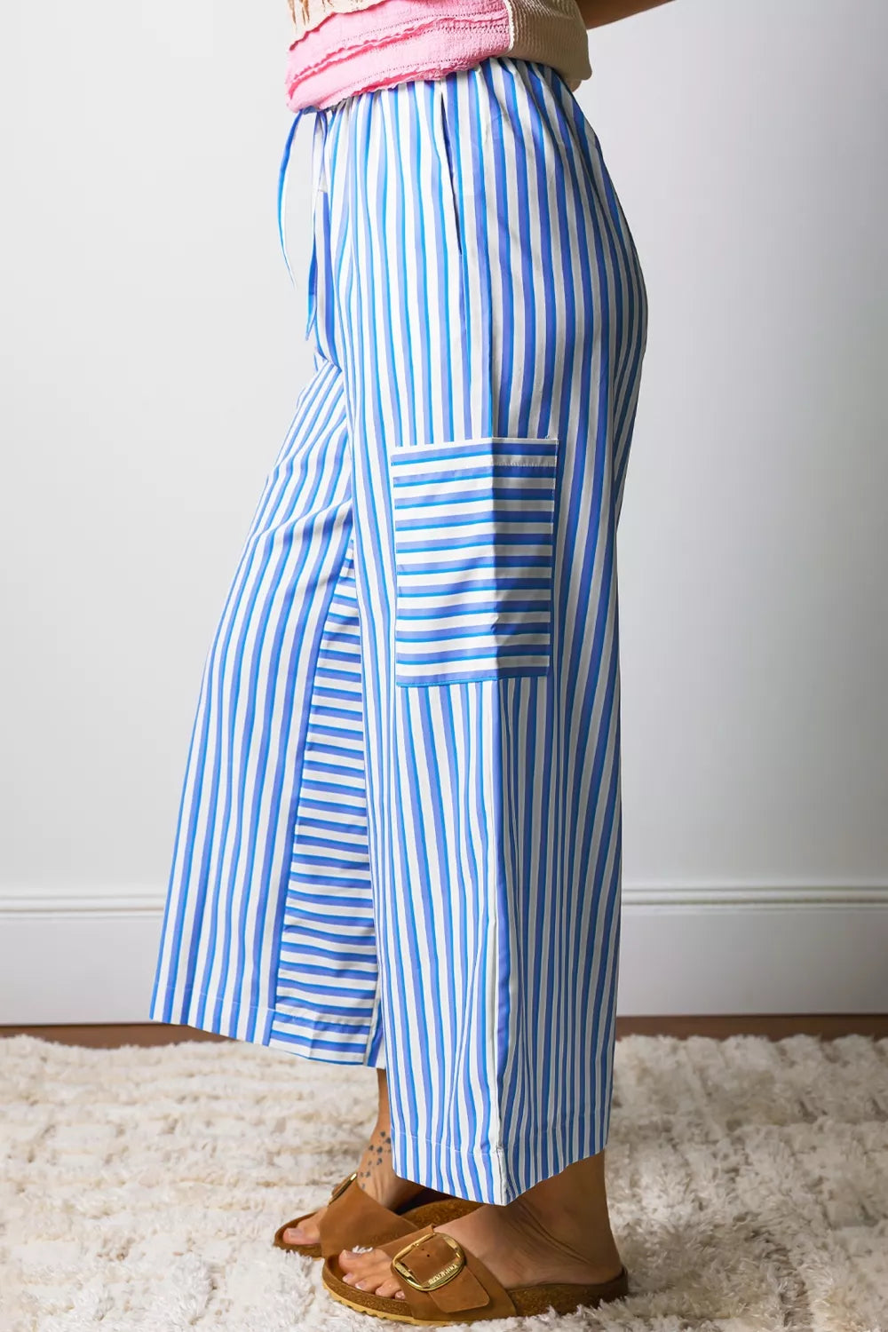 Stripe Drawstring Elastic Waist Patch Pocket Wide Leg Ankle-length Pants