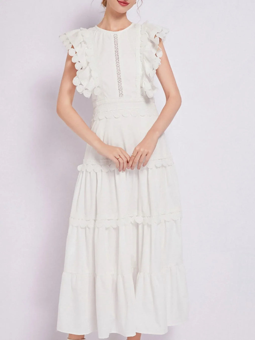 Sleeveless Ruffled Tiered Dress with Embroidered Trim