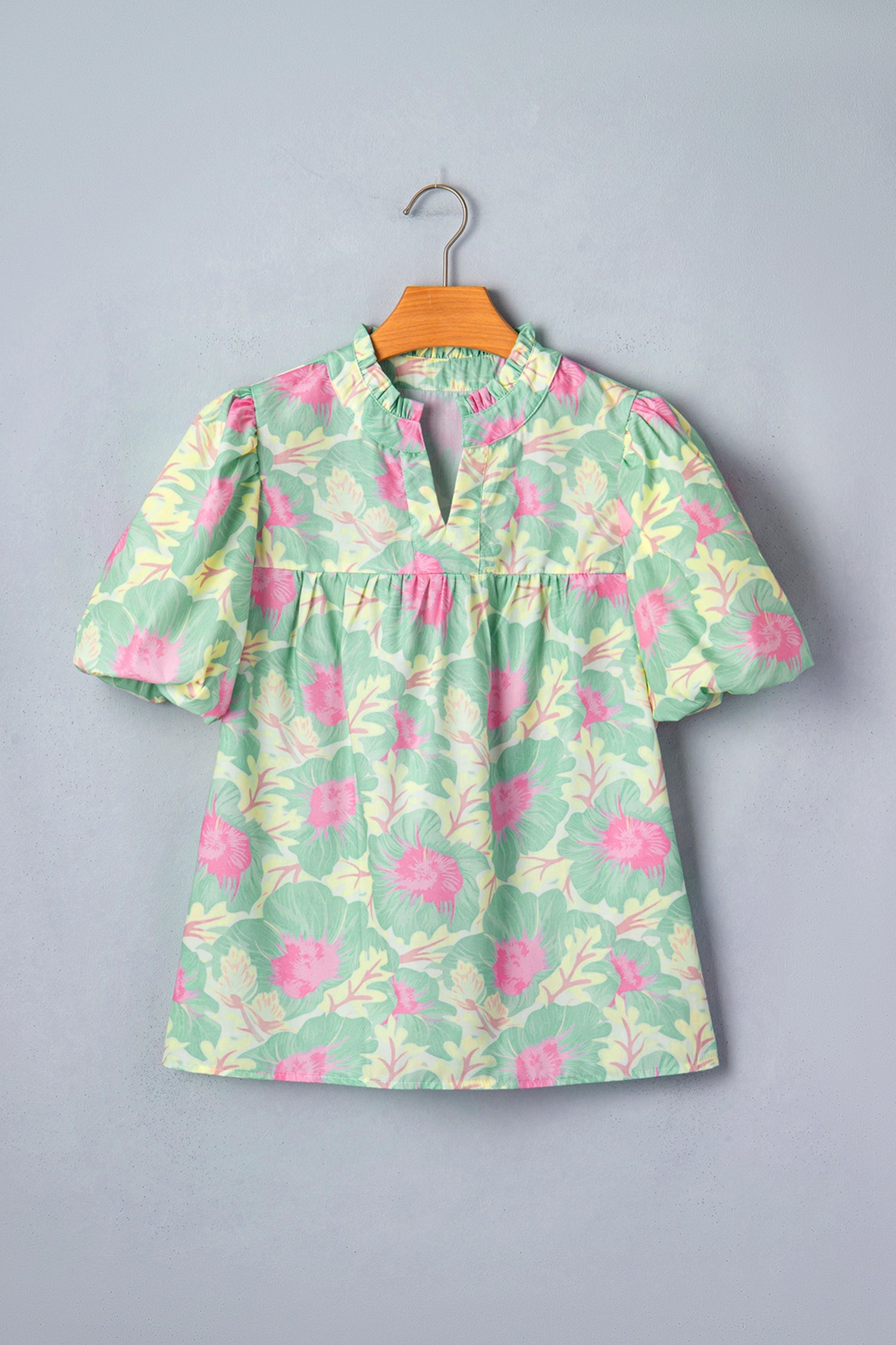 Floral Frilled V-Neck Bubble Sleeve Babydoll Blouse