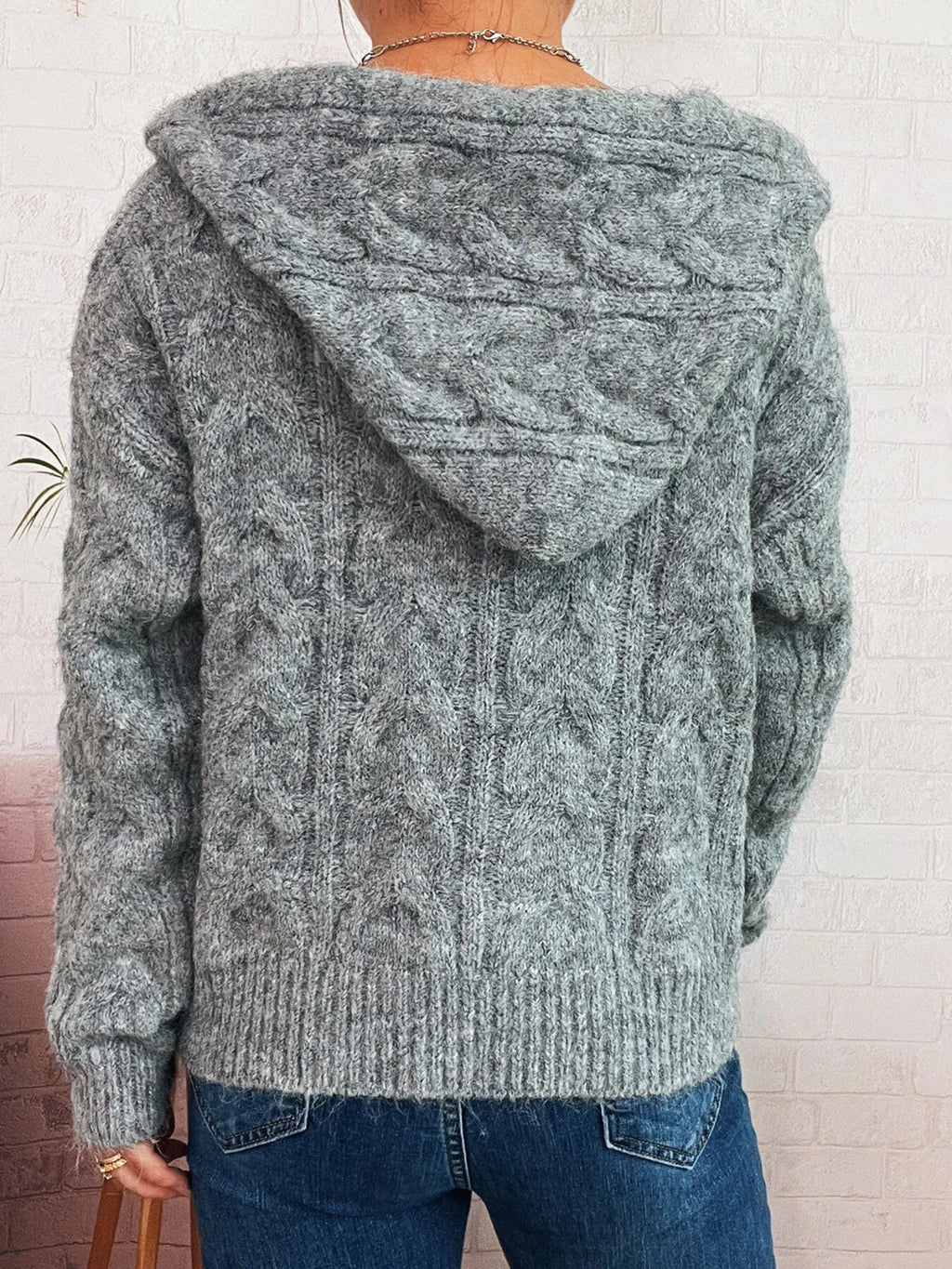 Cable Knit Hooded Zip-Up Cardigan