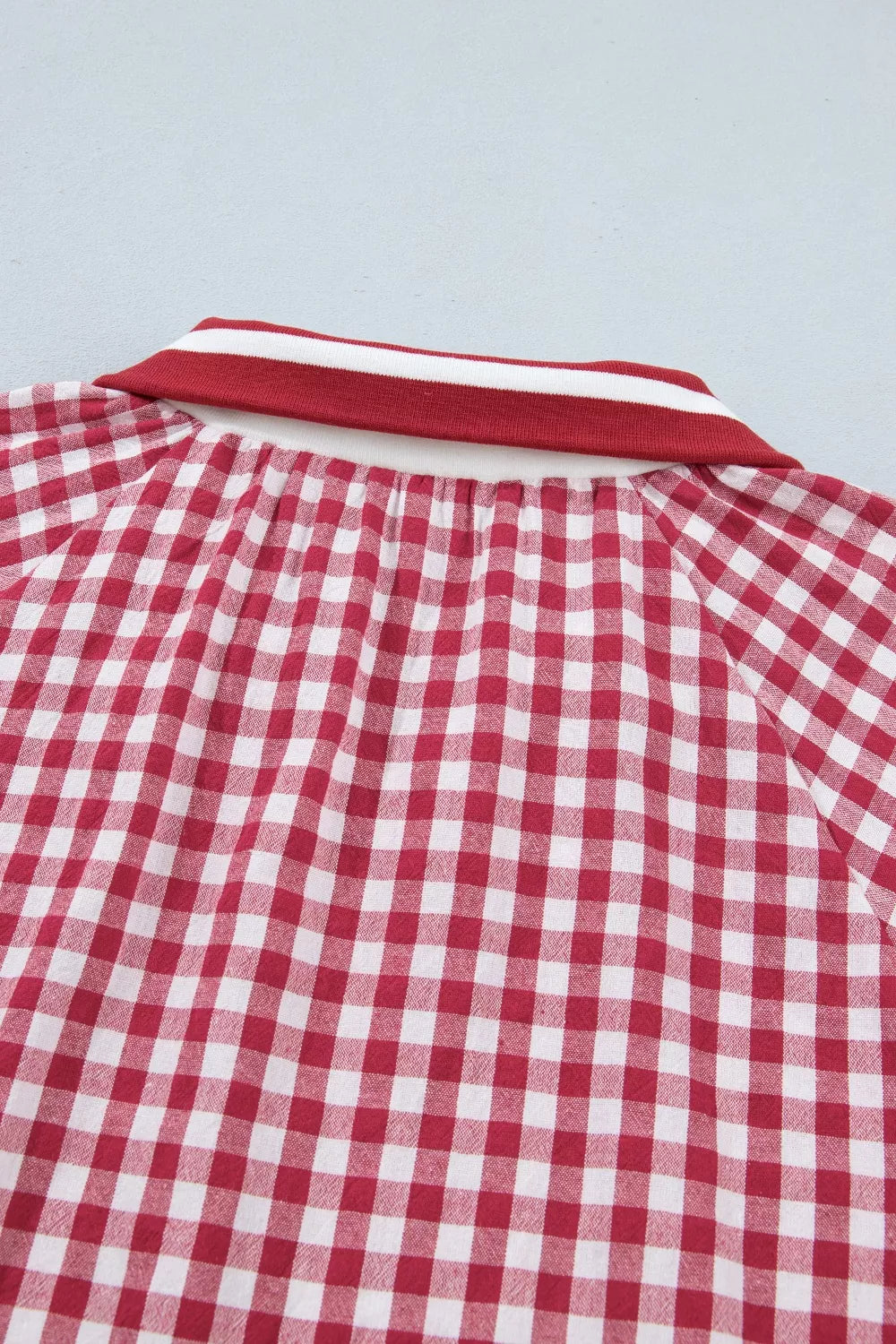 Gingham Puff Sleeve Quarter Zip Blouse