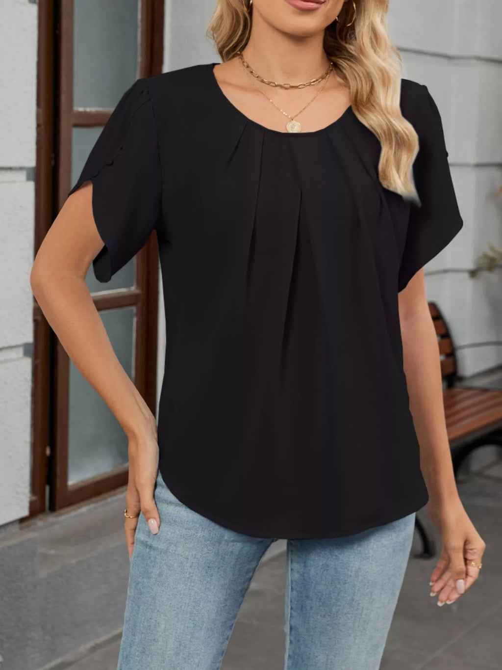 Elegant Pleated Flowy Short Sleeve Blouse