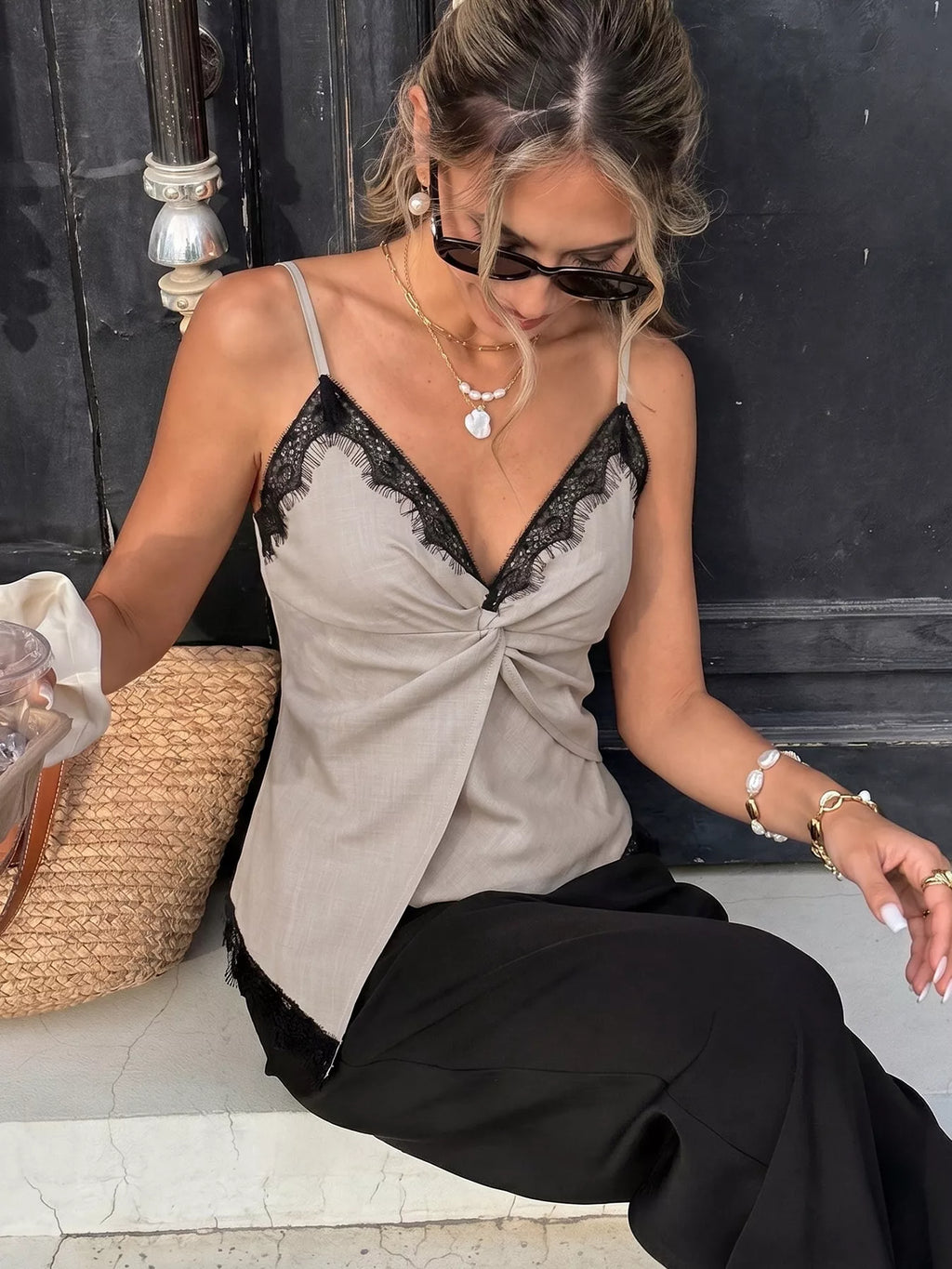 Lace Trim Twist Front Cami