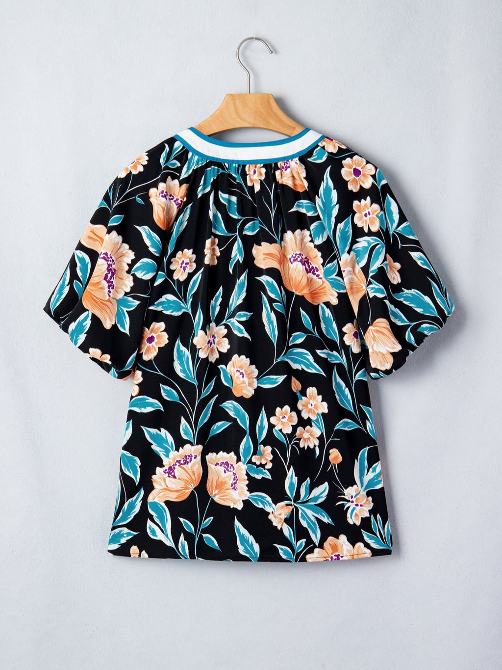 Floral Short Bubble Sleeve Buttoned Notched Neck Blouse
